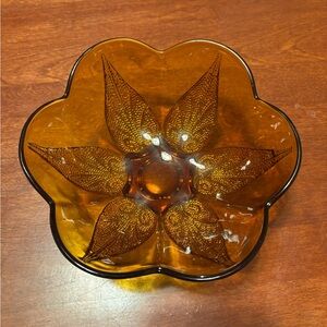 Anchor Hocking Renaissance Desert Gold amber glass beaded leaf bowl vintage